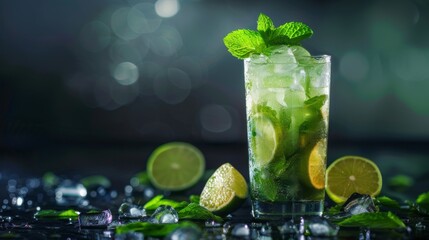 A glass of alcoholic beverage, specifically a Mojito cocktail, set against a dark background.
