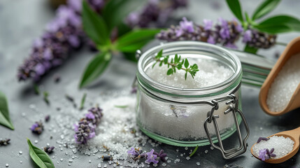 Natural lavender scrub on a white texture background.Body scrub. Body care. Sugar peeling scrub with argan oil and Himalayan salt. spa set - obrazy, fototapety, plakaty