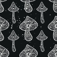 Magic Mushrooms mandala. Psychedelic pattern. Vector illustration. Zen Boho art. Decorative mushrooms, hippie, hallucination psilocybin 60s 70s - 767258536