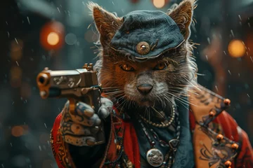 Fotobehang Feline Mercenary: The Cat with the Golden Gun © Jammy