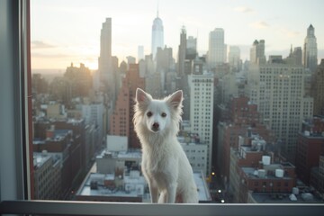 Beautiful white dog looking out of a charming white-framed window with a serene expression