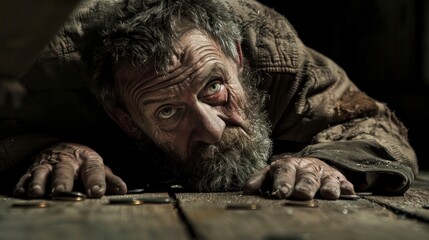 homeless man lying in a house with a lost look and crazy - obrazy, fototapety, plakaty