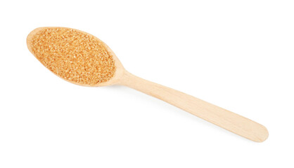 Wooden spoon with brown sugar isolated on white, top view