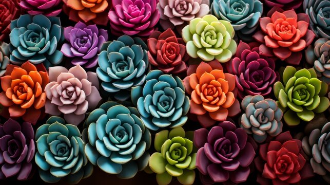 Detailed top view macro shot of vibrant succulent plants creating a colorful texture background