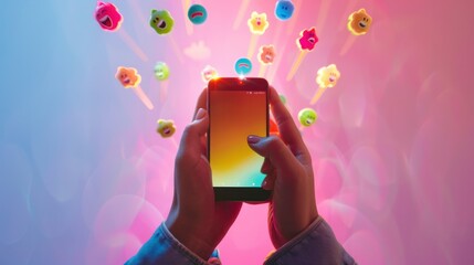 Hands holding a smartphone with social media emoji reactions emerging in a colorful display, symbolizing digital engagement.
