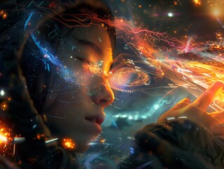A woman is looking at a screen with a glowing blue and orange background. The woman is holding a cell phone in her hand. Concept of wonder and curiosity as the woman stares at the screen