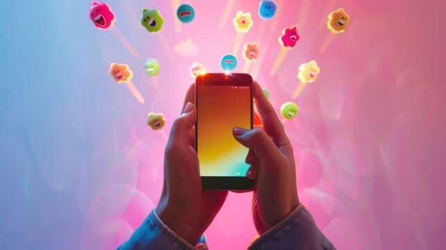 Hands holding a smartphone with social media emoji reactions emerging in a colorful display, symbolizing digital engagement.