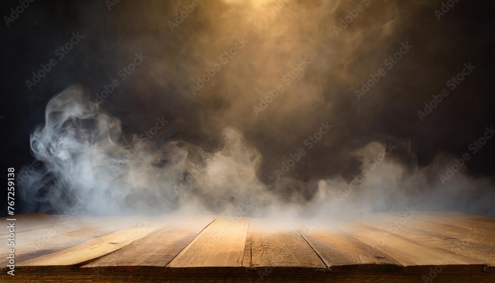 Poster empty wooden table with smoke float up on dark background empty space for display your products empty wooden table with smoke float up on dark background empty space for display your products