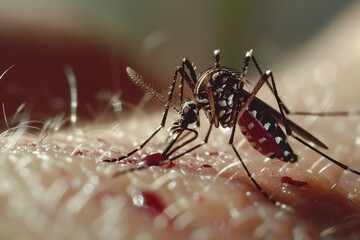 Sunlit mosquito sucking blood on skin - A natural sunlight-bathed image capturing a mosquito actively feeding on human skin, depicting the beauty and danger in nature