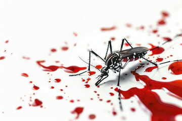 3D of mosquito with blood drops - A highly detailed 3D of a mosquito among vibrant red blood splatters, emphasizing the bloodsucking aspect of the insect - obrazy, fototapety, plakaty