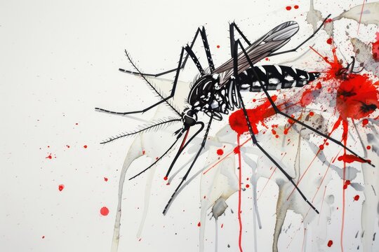 Ink splattered mosquito illustration - An artistic depiction of a mosquito with splattered red ink on a white background, symbolizing the bloodsucking nature of the insect