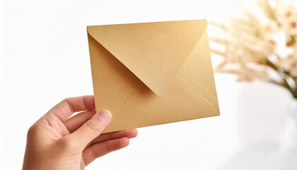 hand holding greeting card mock up blank empty postcard isolated on white background