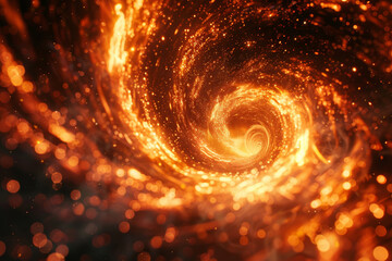 Fire Vortex with Spark Twirls on Black Background, Spiral Magical Spell with Shallow Depth of Field, Circular Motion Close-Up from within Flaming Tunnel, Shot from a Magic Wand, 