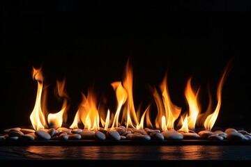 Fire on Round Pebble Stones with Black Background, Small Flame Cozy Gas Fireplace for Menu Design