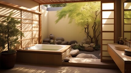 Serene Zen spa-like bathroom with Japanese soaking tub timber accents and private garden courtyard with shoji screens.