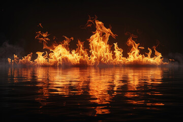 Big Fire Flames on Water, Pitch Black Nighttime Scene with Dramatic Fiery on Black Background