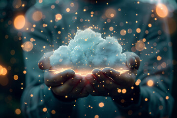 Cloud Computing Illustrated, Man Holding Fluffy White Illuminated Cloud with Glowing Nods, Online Storage User Perspective 