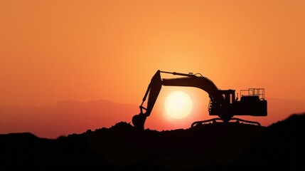 Silhouette of big tracked excavator digging the soil on site 