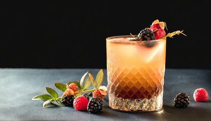 tasty cocktail with fresh wild berries isolated on black background