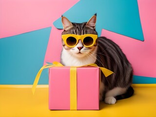funny cat wearing sunglasses,  with gift boxes: Copy space for text; Birthday background - obrazy, fototapety, plakaty