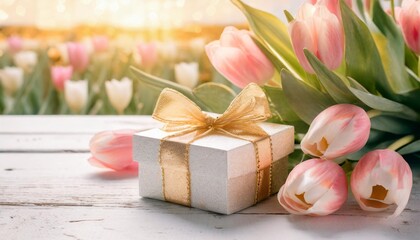 mothers day and easter holiday concept on white rustic background with a decorated gift box and pink tulips