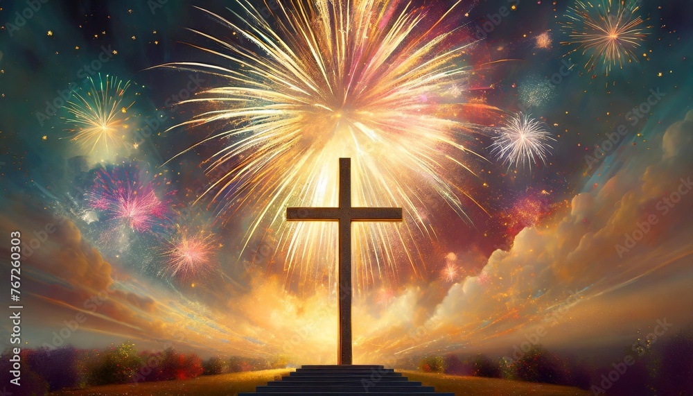 Sticker cross with background of fireworks