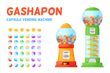 Gachapon capsule machines with bubblegum toy plastic container, vending machine dispense chewing bubble gum caramel ball rare candy sweets lucky coin vector illustration - obrazy, fototapety, plakaty