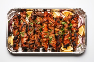 Juicy kebab on a metal tray against a white background