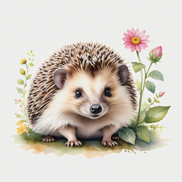 Watercolor of hedgehog with flower on white background