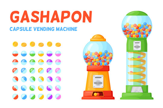Gachapon capsule machines with bubblegum toy plastic container, vending machine dispense chewing bubble gum caramel ball rare candy sweets lucky coin vector illustration