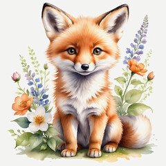 Watercolor of fox with flower on white background