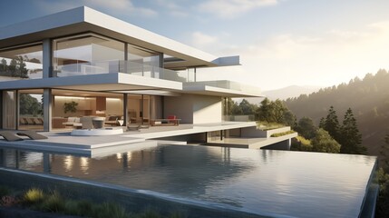 Sleek glass-walled modern masterpiece with cantilevers infinity pool and seamless indoor/outdoor living. - obrazy, fototapety, plakaty