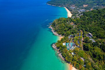 Paradise Thai Phuket, blue sea and sand beach Banana, travel photo Thailand by drone, aerial top view