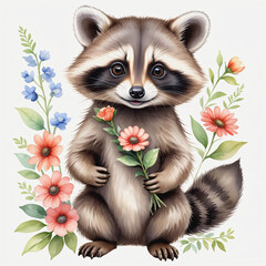 Fototapeta na wymiar Watercolor of raccoon with flower on white background
