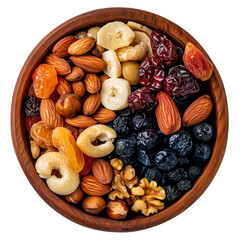 Top view of mixed dry fruits and nuts in a bowl isolated on a transparent background