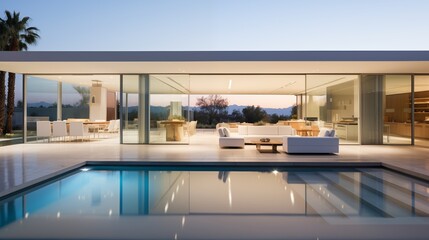Sleek minimalist indoor/outdoor open concept great room with massive folding glass walls and integrated patios and pools.