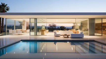 Papier Peint photo Lavable Mur chinois Sleek minimalist indoor/outdoor open concept great room with massive folding glass walls and integrated patios and pools.