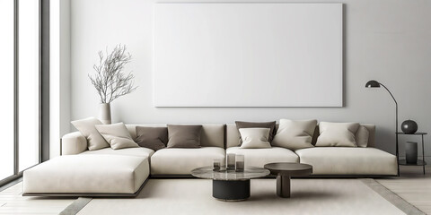 Modern living room in scandinavian style with mockup blank wall