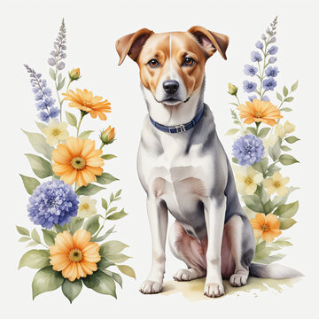 Watercolor of dog with flower on white background