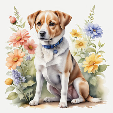 Watercolor of dog with flower on white background