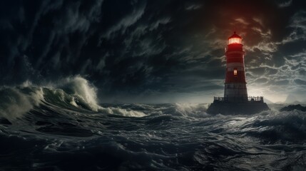 Ocean protection under cloudy skies: The lighthouse beam cuts through the storm, a symbol of safety in the evening. - obrazy, fototapety, plakaty