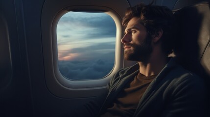 Fototapeta premium Thoughful passenger gazes through airplane window, immersed in the journey.