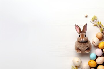 Easter eggs and easter bunny on white background with copy space. Easter background. Top view - generative ai - obrazy, fototapety, plakaty