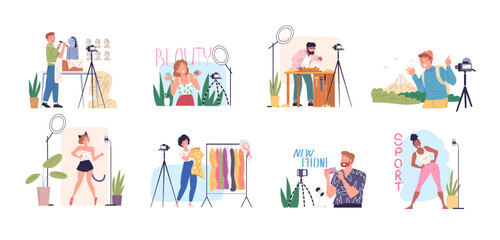 Bloggers vlog. Blogger man or girl fashionable lifestyle, video shoot fitness travel or beauty fashion content creator, social media influencer broadcast classy vector illustration