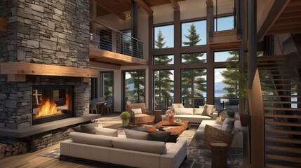 Soaring two-story mountain modern fireplace with heavy timber mantel stacked stone and overlooking loft walkway.