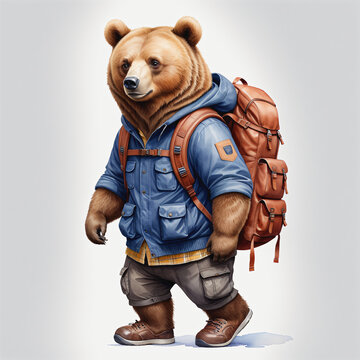 Watercolor of bear with backpack on white background