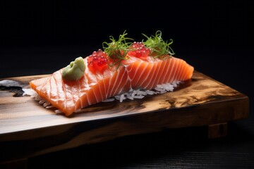 Juicy sashimi on a wooden board against a white background