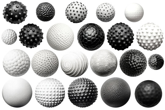 black and white textured spheres isolated on transparent backgrounds