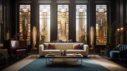 Sophisticated art deco living room with leather tufted accents stained glass windows and gilded details.