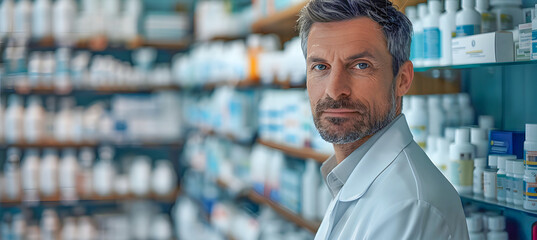 A man stands in front of a pharmacy shelf surrounded by various medical products. Generative AI - obrazy, fototapety, plakaty